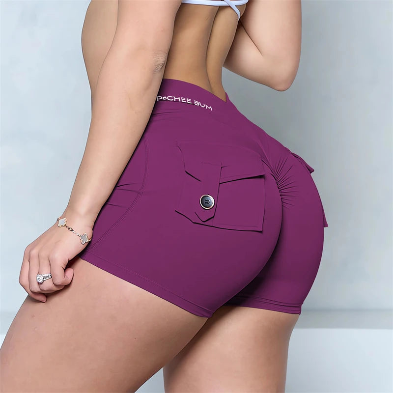 Bum Deep V-Back Waist Button Pocket Scrunch Butt Shorts Yoga Shorts Women Pocket Scrunched Butt Gym Legging Push up Tights Short