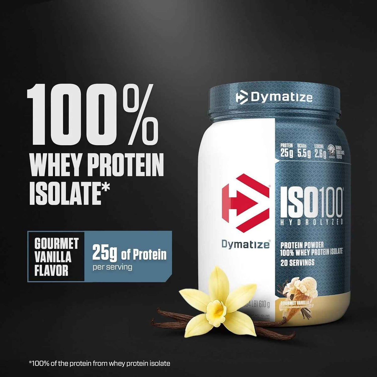 Dymatize ISO100 Whey Protein Isolate – Gourmet Vanilla, 25g Protein, Gluten Free, Low Carb, 20 Servings
