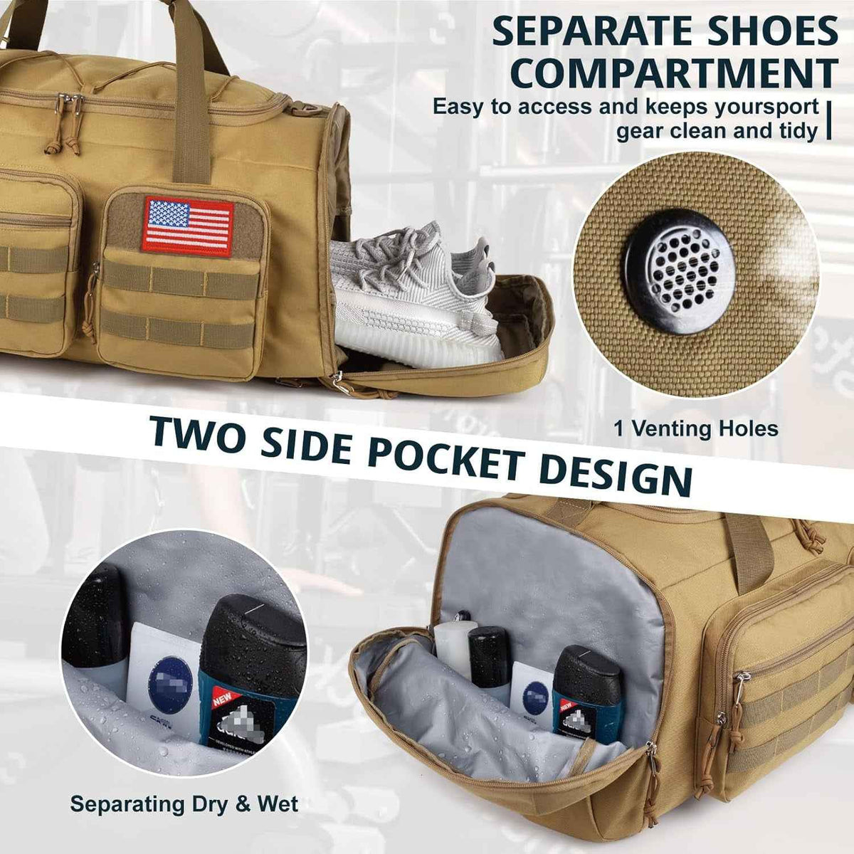 Tactical 3-in-1 Gym Bag – 50L, Water Resistant with Shoe Compartment