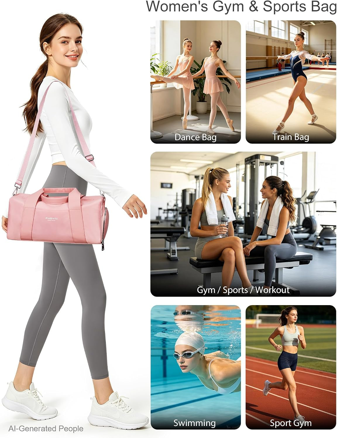 16" Gym Bag for Women,With Shoes Compartment and Waterproof Pocket(Pink) | Personal Item Travel Workout Bag for Run,Gymnastics, Swimming