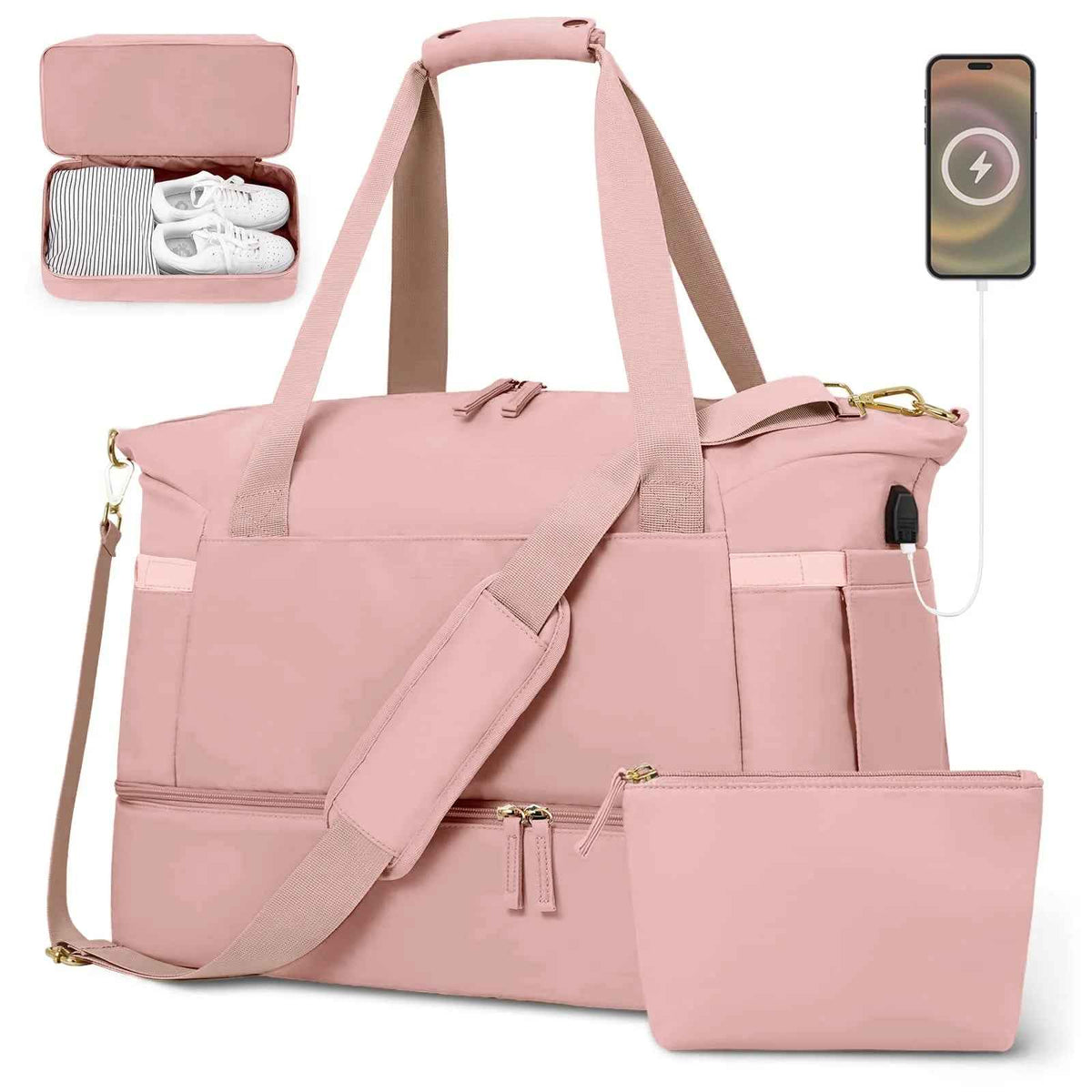 Travel Duffle Bag Set for Women 2 Pack, Large Waterproof Weekender Overnight Carry on with Toiletry Bag/Usb Charging Port/Wet Pocket/Shoe Compartment, Gym Hospital Labor Delivery Duffel Tote