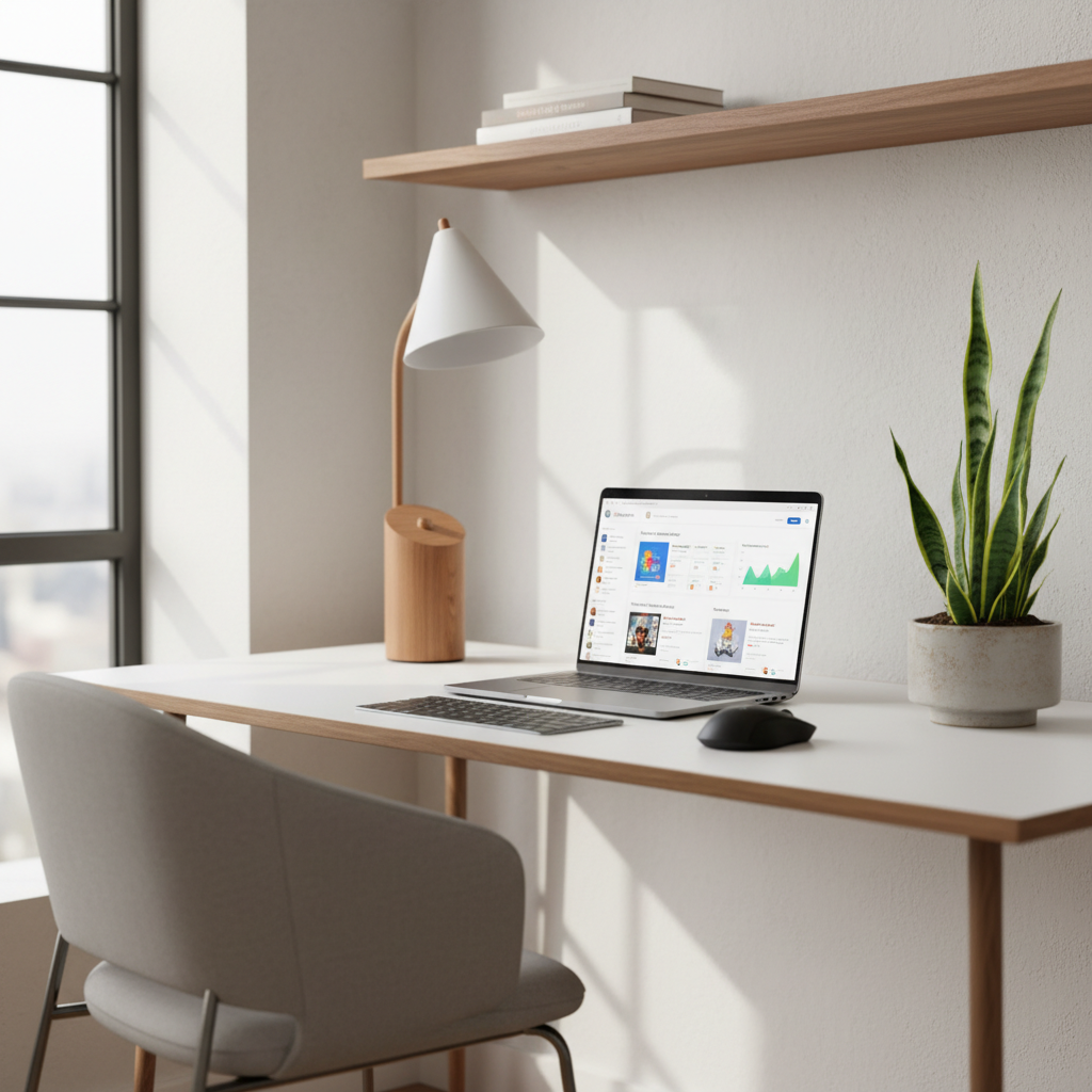 Laptop on a clean desk showing a modern e-commerce dashboard with warm lighting