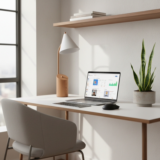 Laptop on a clean desk showing a modern e-commerce dashboard with warm lighting