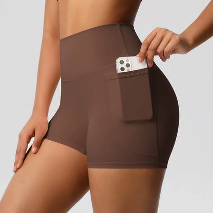 Women Sports Short with Pocketedyoga Legging Shorts Squat Proof High Waist Fitness Tight Shorts Quick Drying Cycling Workout Gym
