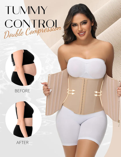 Waist Trainer for Women Tummy Control Faja Body Shaper Working Out | Zipper and Hooks Double-Layer Adjustable Compression,23 Flexible Steel Bones 360° Wrap Back Support Hourglass Figure