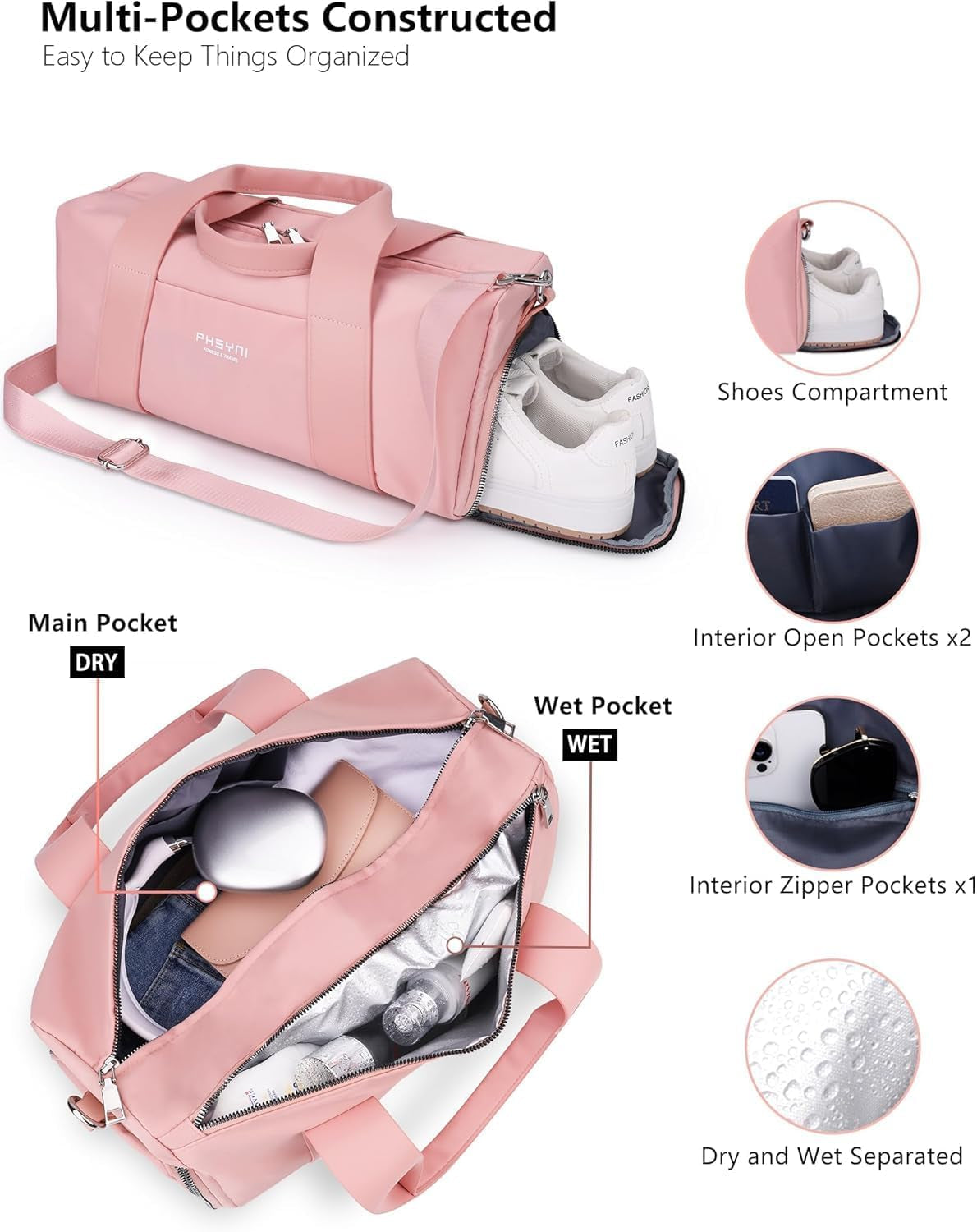 16" Gym Bag for Women,With Shoes Compartment and Waterproof Pocket(Pink) | Personal Item Travel Workout Bag for Run,Gymnastics, Swimming