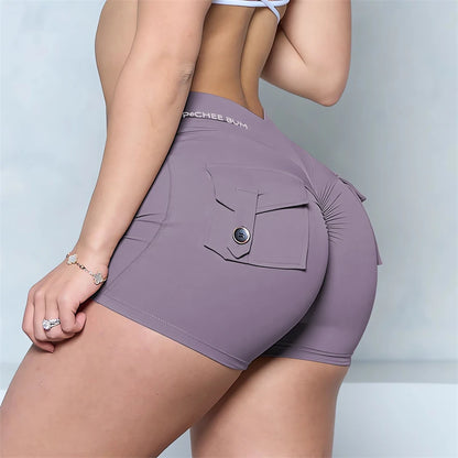 Bum Deep V-Back Waist Button Pocket Scrunch Butt Shorts Yoga Shorts Women Pocket Scrunched Butt Gym Legging Push up Tights Short