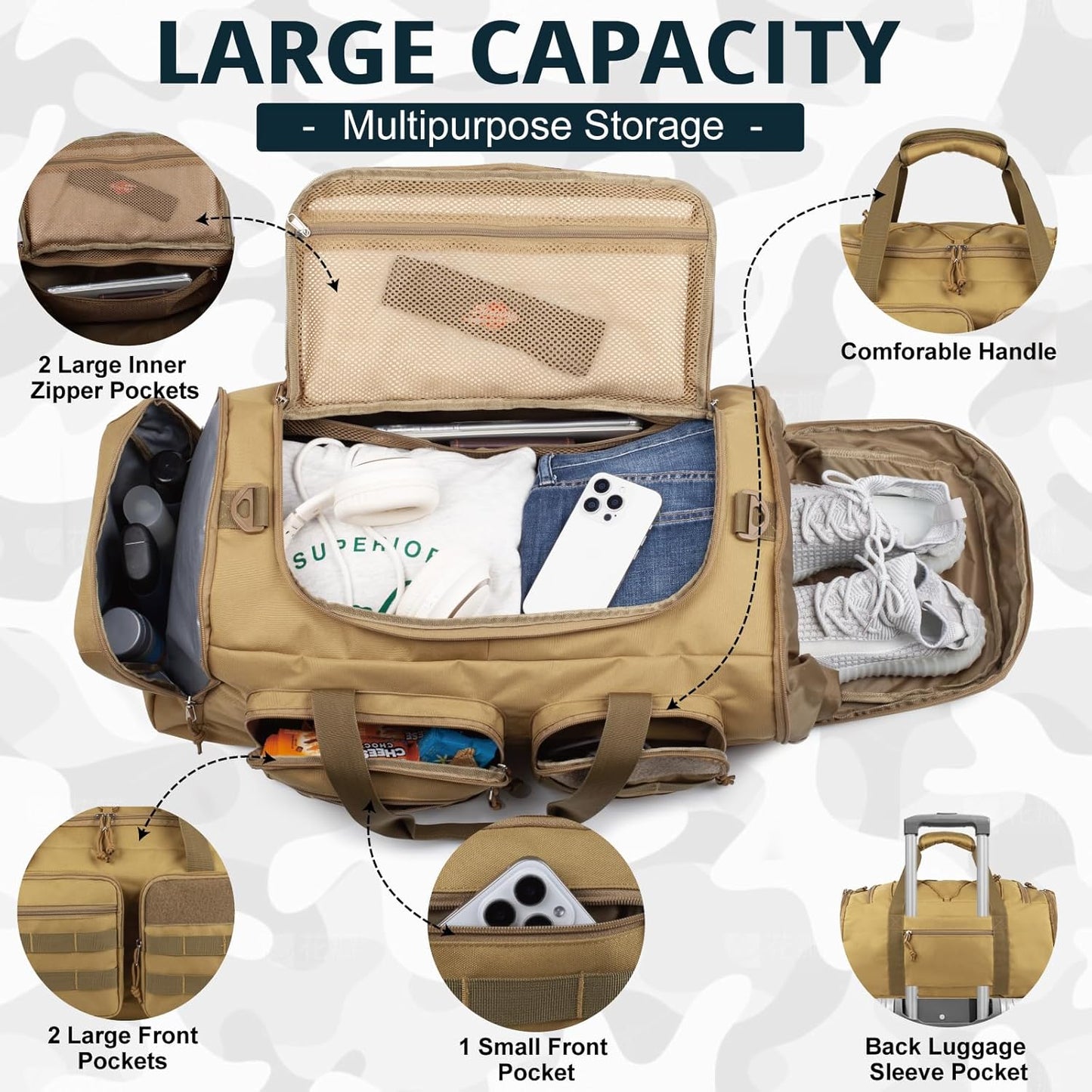 Tactical Gym Bag for Men,50L Large 3-In-1 Sports Duffle Bag for Travel Gym | Water Resistant ,Adjustable Shoulder Strap,Molle Weekender Overnight Bag with Shoes Compartment,Gym Backpack for Gym,Travel