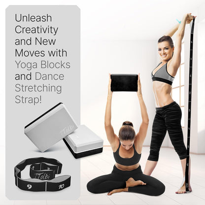 Yoga Blocks 2 Pack with Strap and Guide – Soft Non-Slip EVA Foam Blocks | High-Density Pilates Blocks for Home Workouts, Dance, Ballet, Gymnastics & Stretching Exercise, Dance Accessories and Gifts