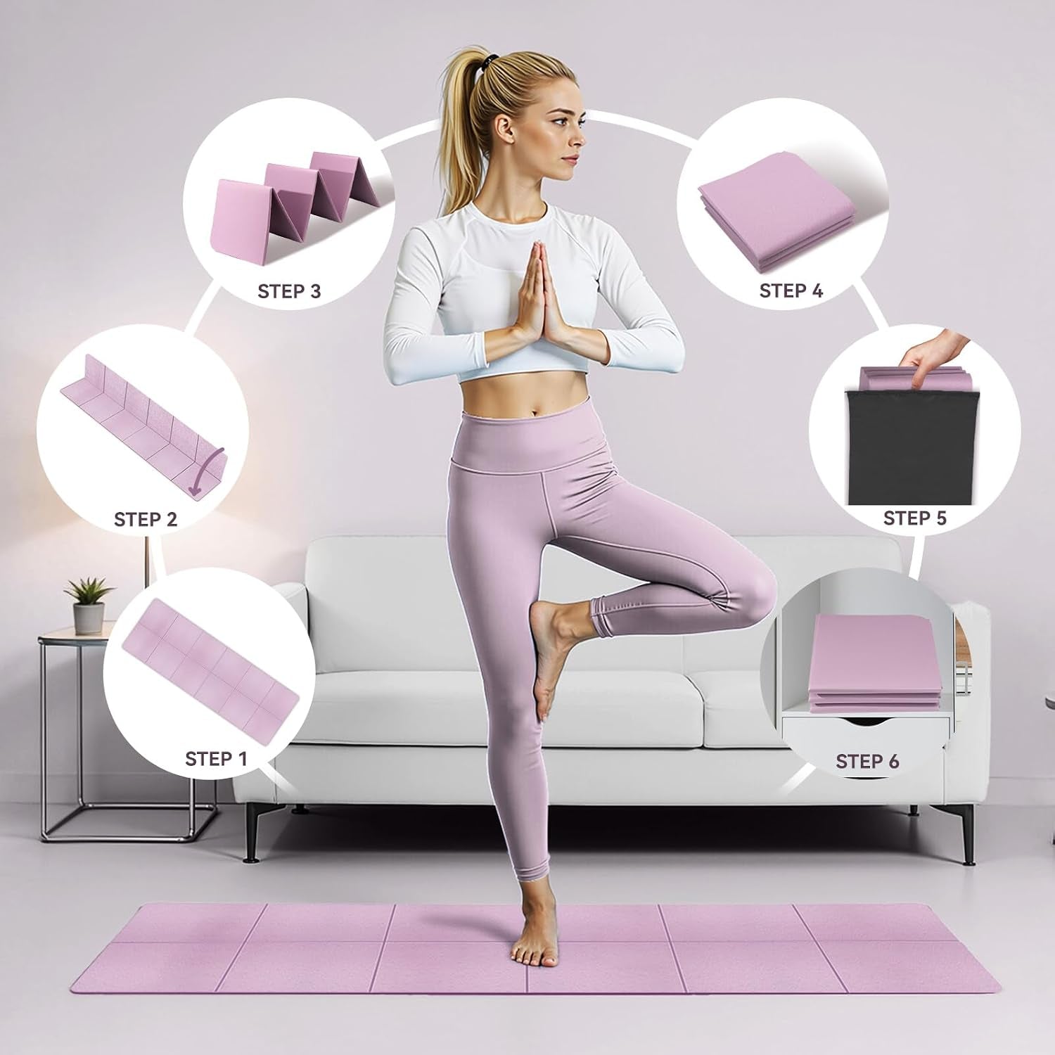 Foldable Yoga Mat Thick Non-Slip Exercise Mat | Packable Travel Fitness Mat, Carrying Bag Included, for Yoga, Pilates, Workout, Home & Gym Use