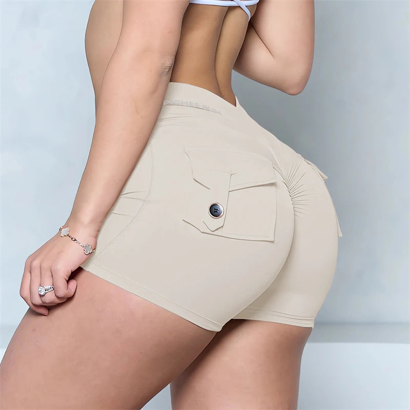 Bum Deep V-Back Waist Button Pocket Scrunch Butt Shorts Yoga Shorts Women Pocket Scrunched Butt Gym Legging Push up Tights Short