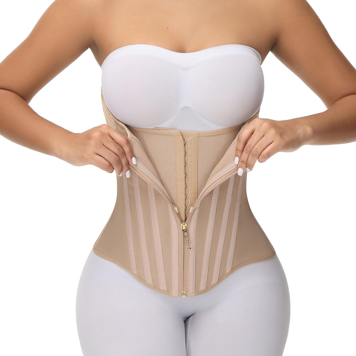 Waist Trainer for Women Tummy Control Faja Body Shaper Working Out | Zipper and Hooks Double-Layer Adjustable Compression,23 Flexible Steel Bones 360° Wrap Back Support Hourglass Figure