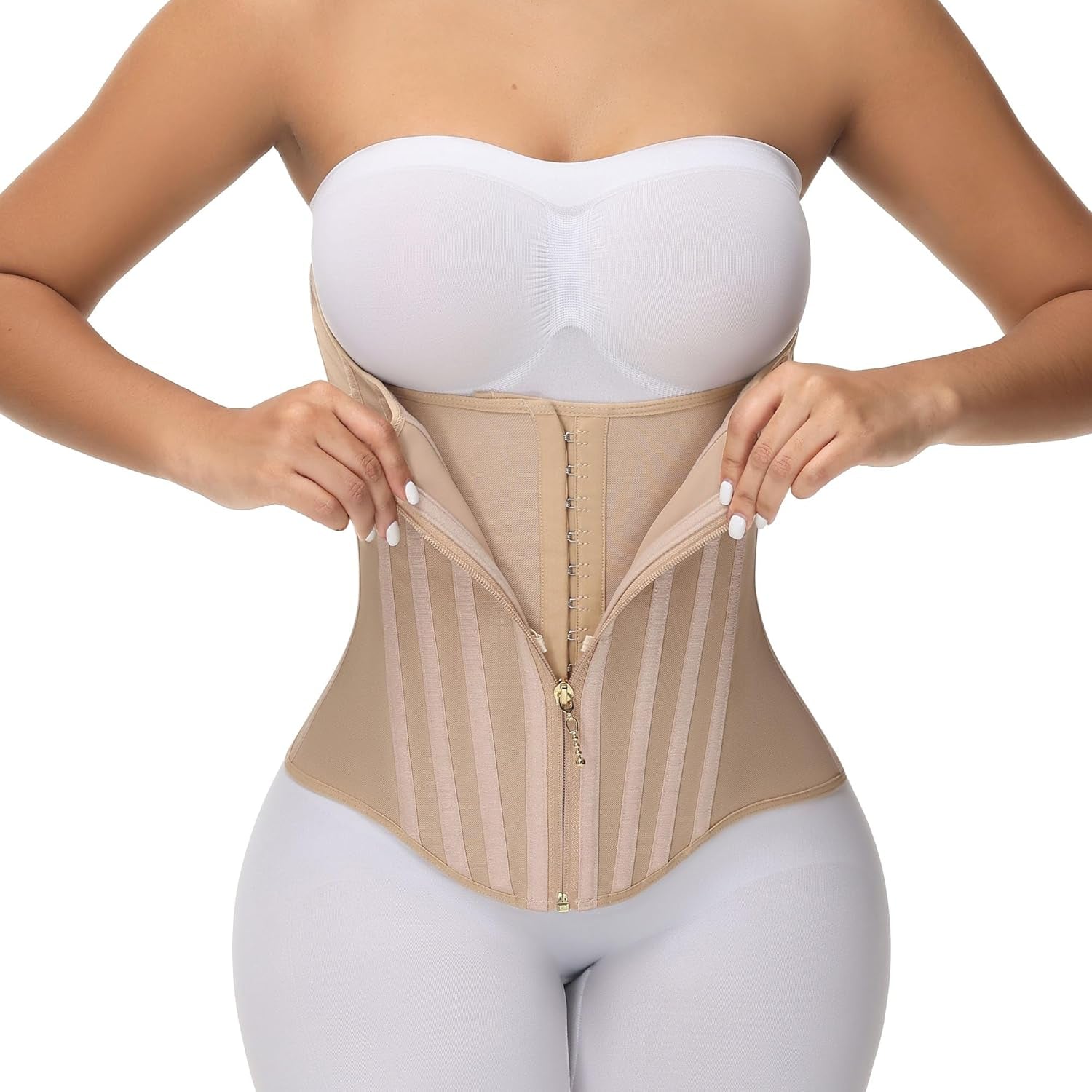 Waist Trainer for Women Tummy Control Faja Body Shaper Working Out | Zipper and Hooks Double-Layer Adjustable Compression,23 Flexible Steel Bones 360° Wrap Back Support Hourglass Figure