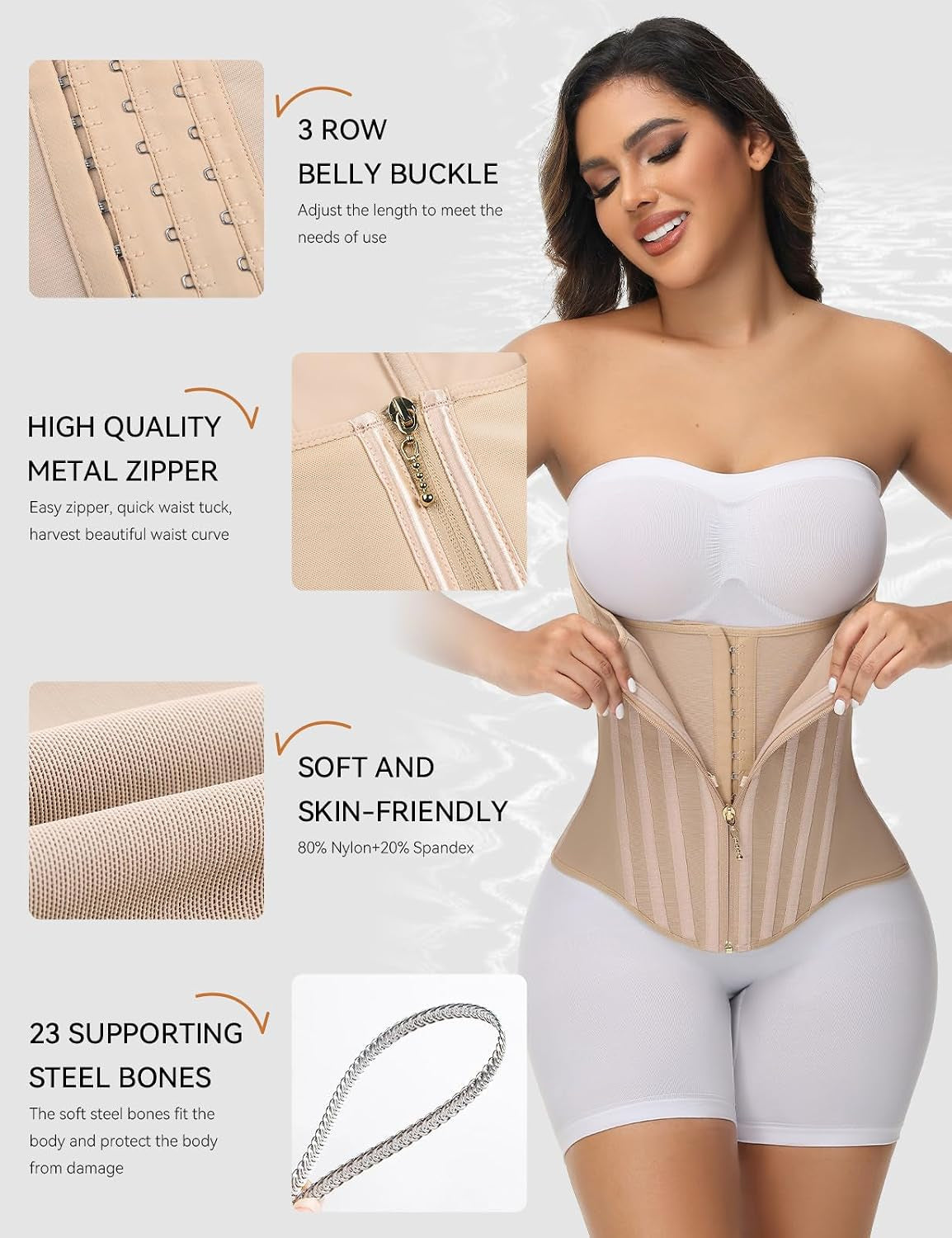 Waist Trainer for Women Tummy Control Faja Body Shaper Working Out | Zipper and Hooks Double-Layer Adjustable Compression,23 Flexible Steel Bones 360° Wrap Back Support Hourglass Figure