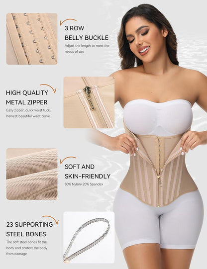 Waist Trainer for Women Tummy Control Faja Body Shaper Working Out | Zipper and Hooks Double-Layer Adjustable Compression,23 Flexible Steel Bones 360° Wrap Back Support Hourglass Figure