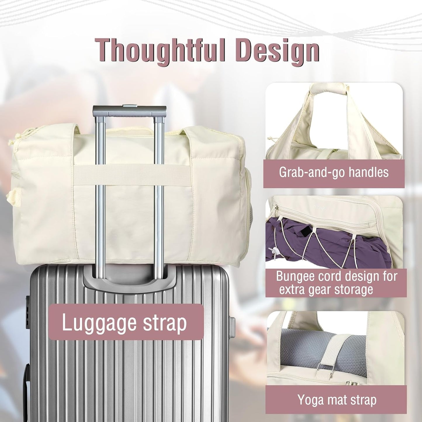 Gym Bag for Women, Travel Duffle Bag with Water Bottle Holder, Beige | Weekender Overnight Workout Carry on Small Tote Sport Gym Bag with Shoe Compartment&Wet Pocket for Fitness, Yoga, Weekend