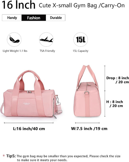 16" Gym Bag for Women,With Shoes Compartment and Waterproof Pocket(Pink) | Personal Item Travel Workout Bag for Run,Gymnastics, Swimming