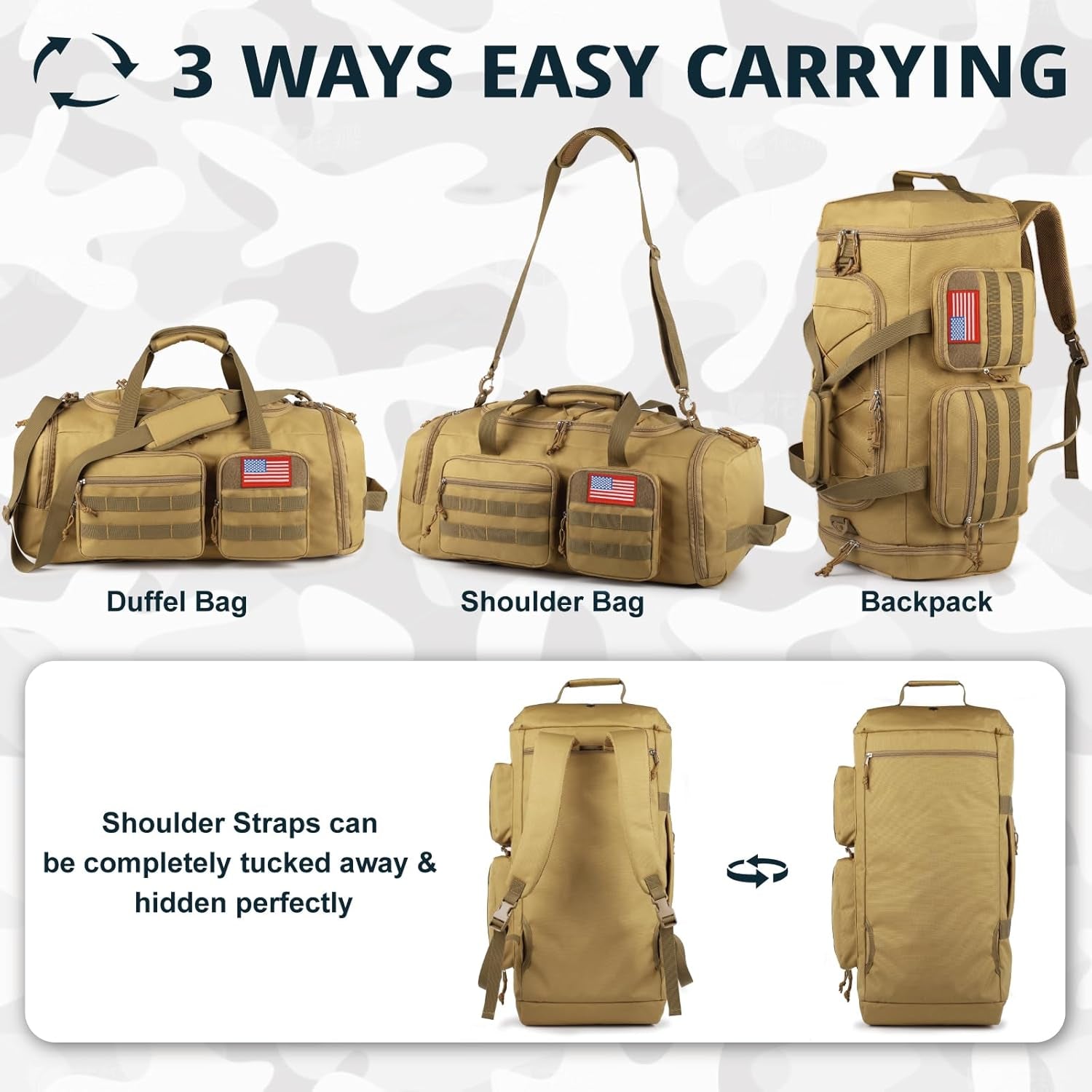 Tactical Gym Bag for Men,50L Large 3-In-1 Sports Duffle Bag for Travel Gym | Water Resistant ,Adjustable Shoulder Strap,Molle Weekender Overnight Bag with Shoes Compartment,Gym Backpack for Gym,Travel