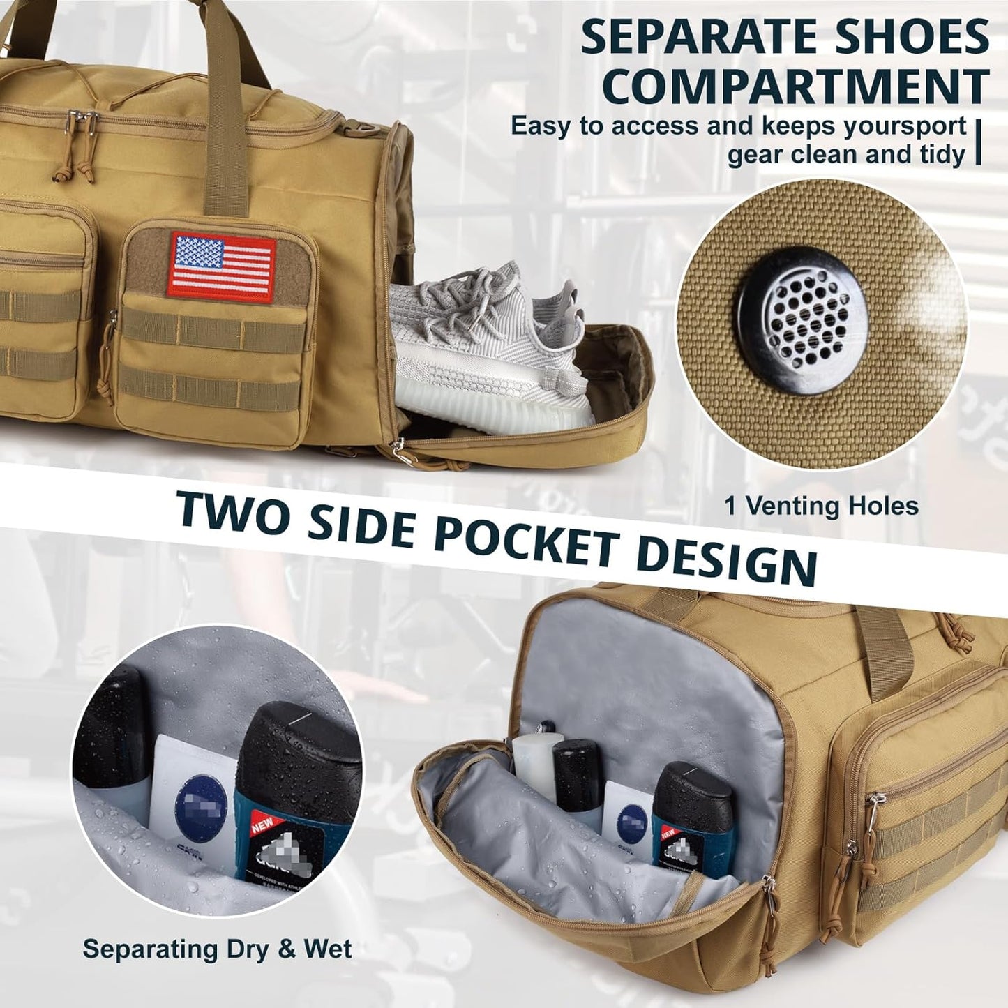 Tactical Gym Bag for Men,50L Large 3-In-1 Sports Duffle Bag for Travel Gym | Water Resistant ,Adjustable Shoulder Strap,Molle Weekender Overnight Bag with Shoes Compartment,Gym Backpack for Gym,Travel