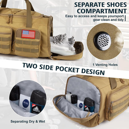 Tactical Gym Bag for Men,50L Large 3-In-1 Sports Duffle Bag for Travel Gym | Water Resistant ,Adjustable Shoulder Strap,Molle Weekender Overnight Bag with Shoes Compartment,Gym Backpack for Gym,Travel