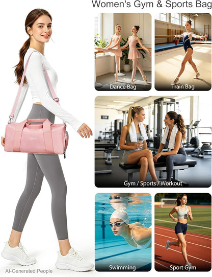 16" Gym Bag for Women,With Shoes Compartment and Waterproof Pocket(Pink) | Personal Item Travel Workout Bag for Run,Gymnastics, Swimming