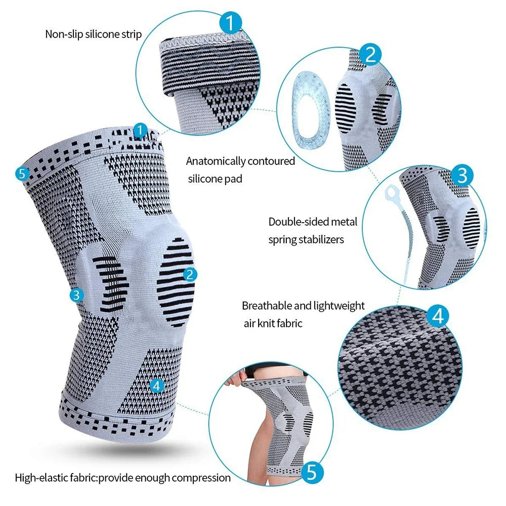 Gray Adjustable Knee Sleeve with Side Stabilizers - Knee Compression Sleeve for Men & Women, Knee Brace for Meniscus Tear, Arthritis Pain, Running, Sports & Injury Recovery Knee Support