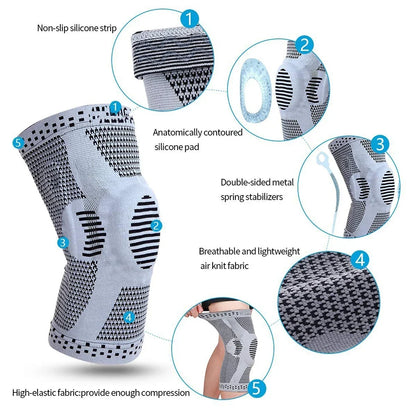 Gray Adjustable Knee Sleeve with Side Stabilizers - Knee Compression Sleeve for Men & Women, Knee Brace for Meniscus Tear, Arthritis Pain, Running, Sports & Injury Recovery Knee Support