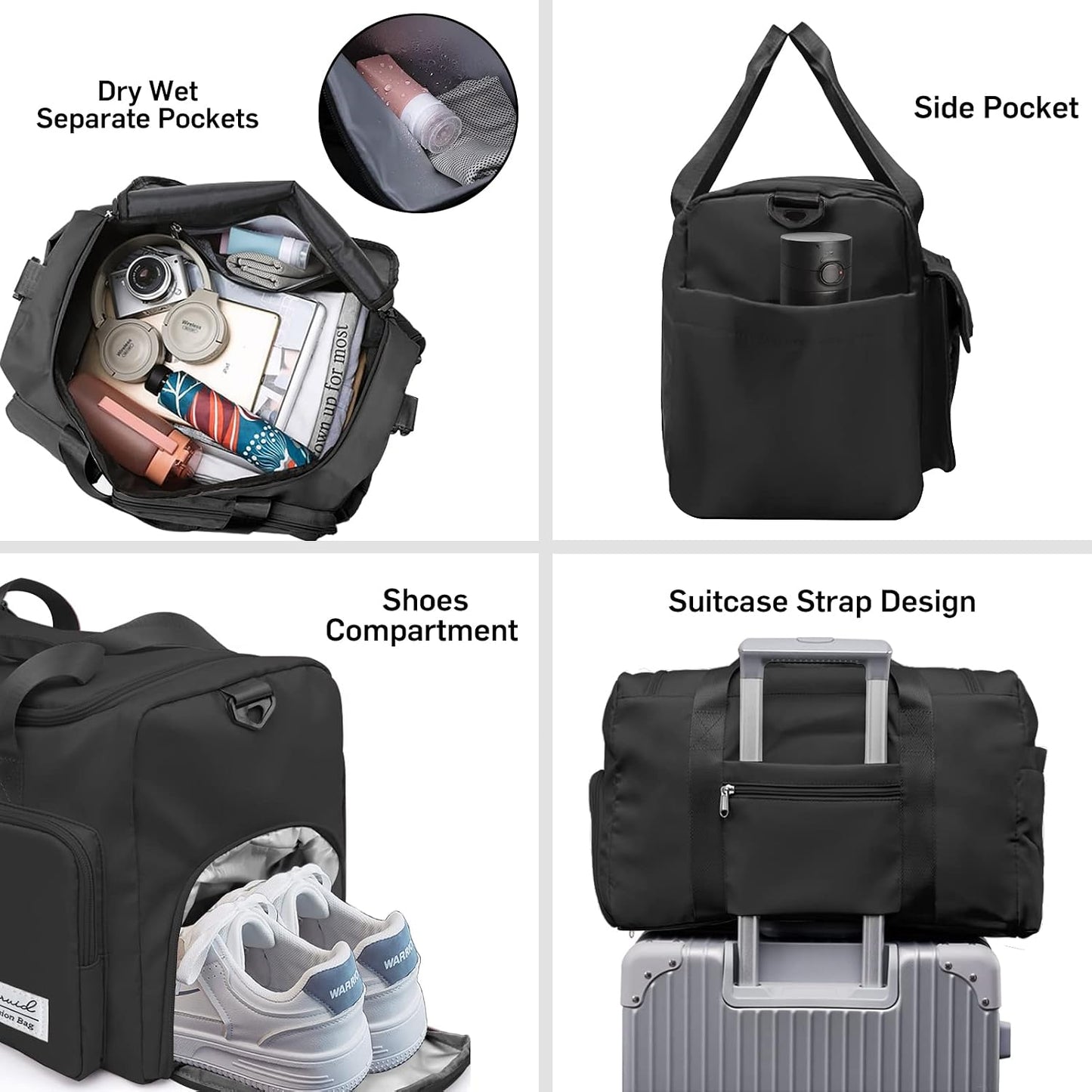 Sports Gym Duffel Bag with Shoes Compartment and Dry Wet Separated Pocket for Men and Women - Overnight Weekender Training Handbag Yoga Bag - Black