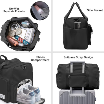 Sports Gym Duffel Bag with Shoes Compartment and Dry Wet Separated Pocket for Men and Women - Overnight Weekender Training Handbag Yoga Bag - Black