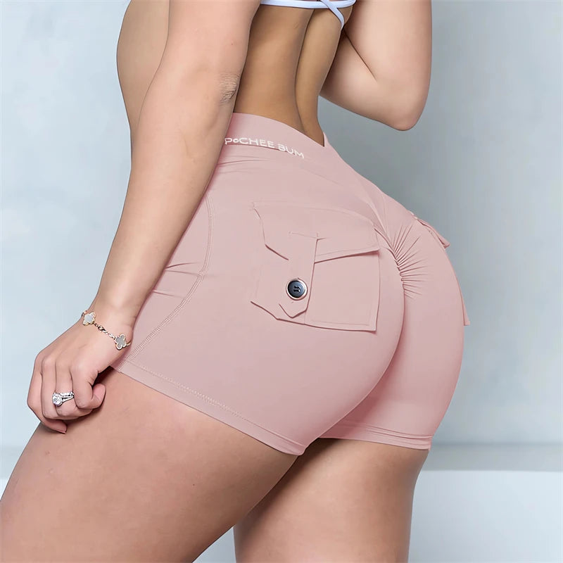 Bum Deep V-Back Waist Button Pocket Scrunch Butt Shorts Yoga Shorts Women Pocket Scrunched Butt Gym Legging Push up Tights Short