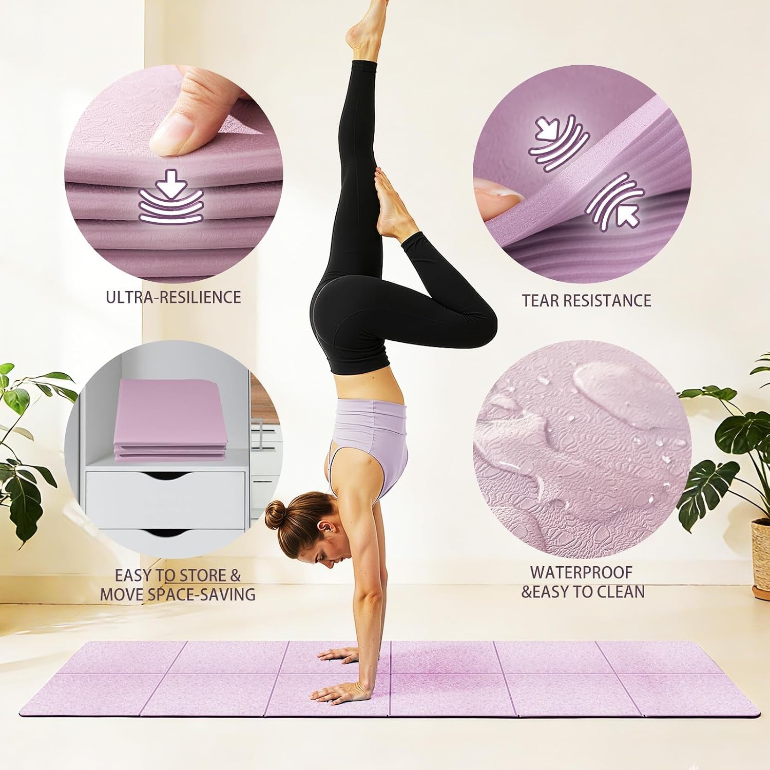 Foldable Yoga Mat Thick Non-Slip Exercise Mat | Packable Travel Fitness Mat, Carrying Bag Included, for Yoga, Pilates, Workout, Home & Gym Use