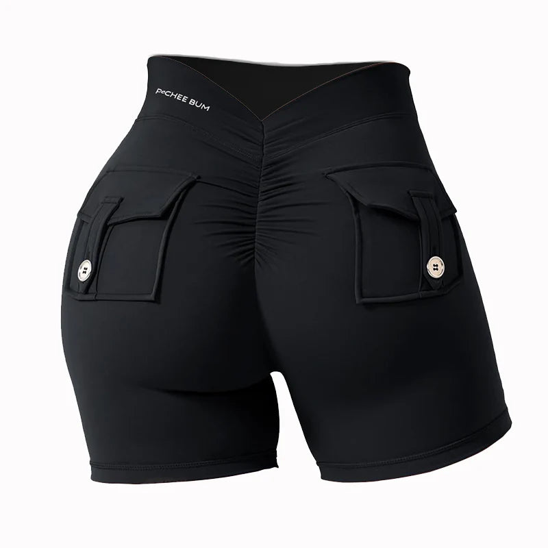 Bum Deep V-Back Waist Button Pocket Scrunch Butt Shorts Yoga Shorts Women Pocket Scrunched Butt Gym Legging Push up Tights Short
