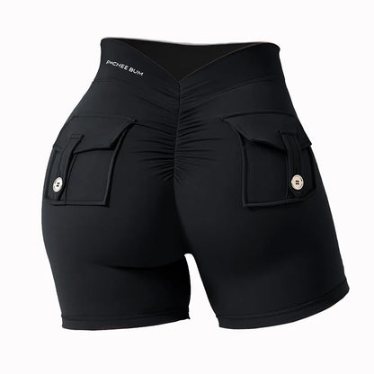 Bum Deep V-Back Waist Button Pocket Scrunch Butt Shorts Yoga Shorts Women Pocket Scrunched Butt Gym Legging Push up Tights Short
