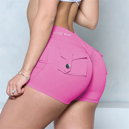Bum Deep V-Back Waist Button Pocket Scrunch Butt Shorts Yoga Shorts Women Pocket Scrunched Butt Gym Legging Push up Tights Short