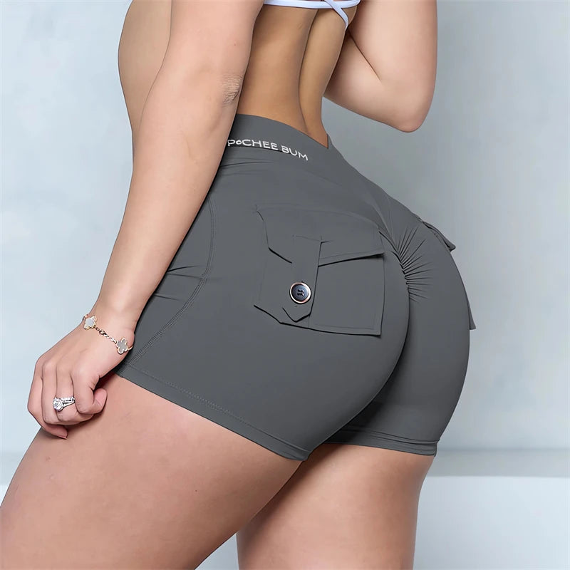 Bum Deep V-Back Waist Button Pocket Scrunch Butt Shorts Yoga Shorts Women Pocket Scrunched Butt Gym Legging Push up Tights Short