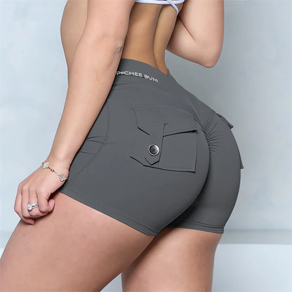 Bum Deep V-Back Waist Button Pocket Scrunch Butt Shorts Yoga Shorts Women Pocket Scrunched Butt Gym Legging Push up Tights Short