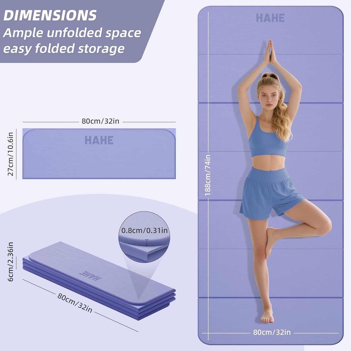 Foldable Yoga Mat 74"Lx32"Wx1/3"Thick, Folding Exercise Mats | Non-Slip Wide Pilates Mats for Home Workout/Travel, Portable Yoga Mat Thick for Yoga/Pilates/Camping/Floor Exercises