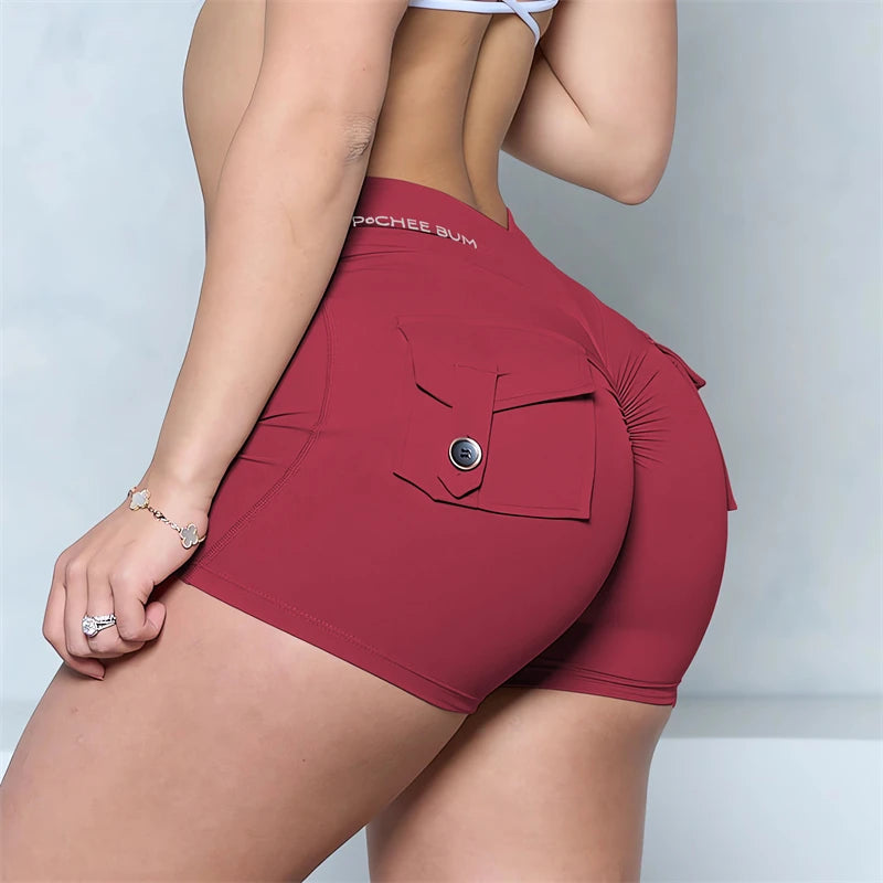 Bum Deep V-Back Waist Button Pocket Scrunch Butt Shorts Yoga Shorts Women Pocket Scrunched Butt Gym Legging Push up Tights Short