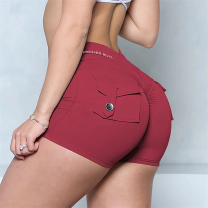 Bum Deep V-Back Waist Button Pocket Scrunch Butt Shorts Yoga Shorts Women Pocket Scrunched Butt Gym Legging Push up Tights Short