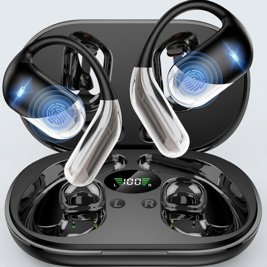 Generated product photo of black translation earbuds with charging case