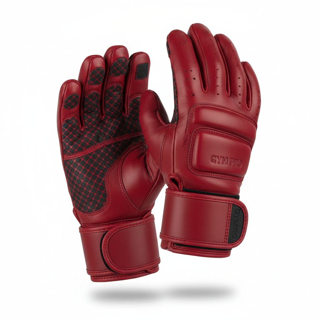 Red Cowhide Leather Weightlifting Gloves with Wrist Wraps